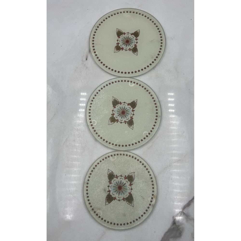 Vintage Temptations Glass Trivets Set 3 Round Floral Textured Heat Protectors 7"